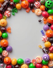 Colorful Assortment of Candy and Sweets Framed on Gray Background for Celebrations