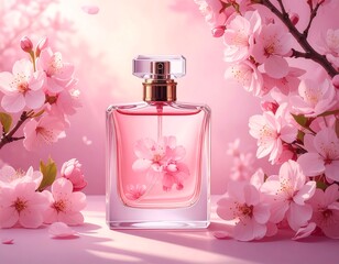 Pink perfume bottle surrounded by cherry blossoms