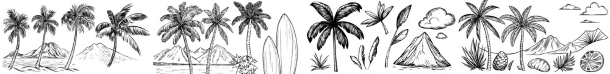 Obraz premium Tropical island and palm tree illustrations are presented in a collection using silhouette style