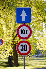 European Road Signs Indicating Straight Ahead, 10t Weight Limit and Speed Limit 30