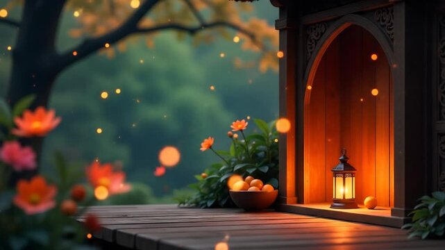 Cozy Autumn Vector Illustration with Glowing Lantern and Fall Nature Elements