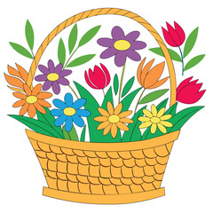 Vibrant daisies and tulips joyfully fill the woven yellow basket against transparent backdrop