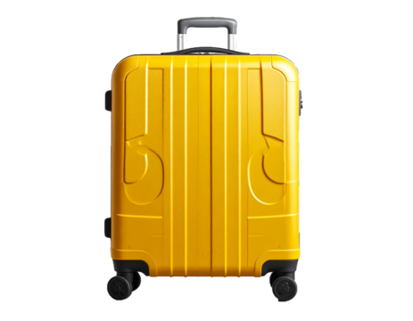 Modern Yellow Travel Luggage with Unique Ripple Pattern and Four Spinner Wheels Isolated