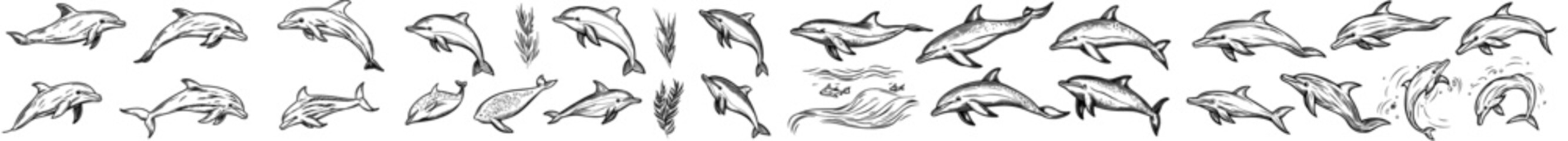 A contemporary depiction of dolphin silhouettes in diverse playful poses is presented