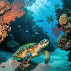 Fototapeta premium Vibrant Underwater Scene with Sea Turtle Swimming Among Colorful Coral Reef, Sunbeams, Marine Life, and Clear Blue Ocean