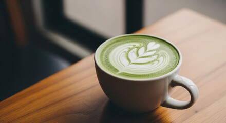 Aromatic matcha latte art on a wooden table