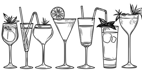 The design features various cocktail silhouettes illustrated in black and white