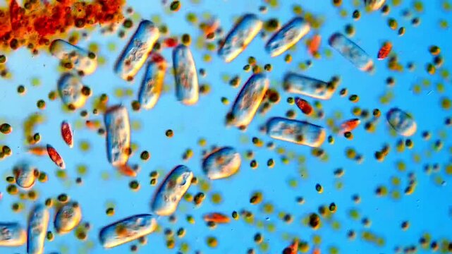 Protozoa and green algae under microscope, pond water sample 