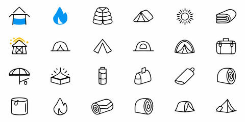 Discover essential camping gear and outdoor adventure icons, perfect for travel blogs, nature guides, and adventure planning, inspiring your next getaway with vibrant, hand-drawn style elements.