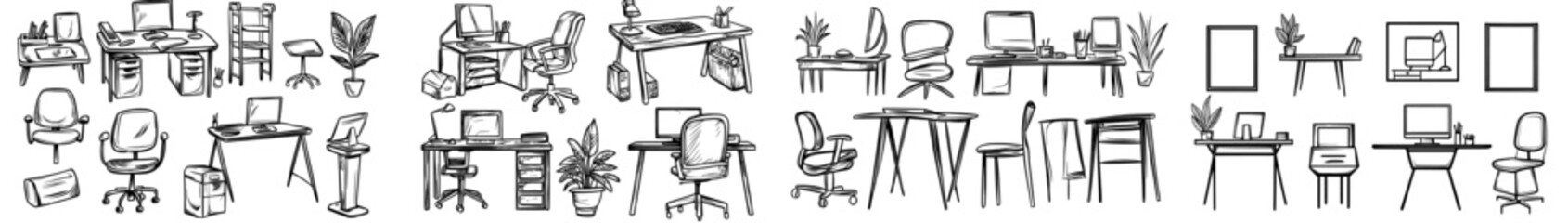 Illustrations of silhouettes featuring different office desks and tables