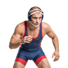 Male wrestler in a blue and red uniform and headgear, with a confident expression.