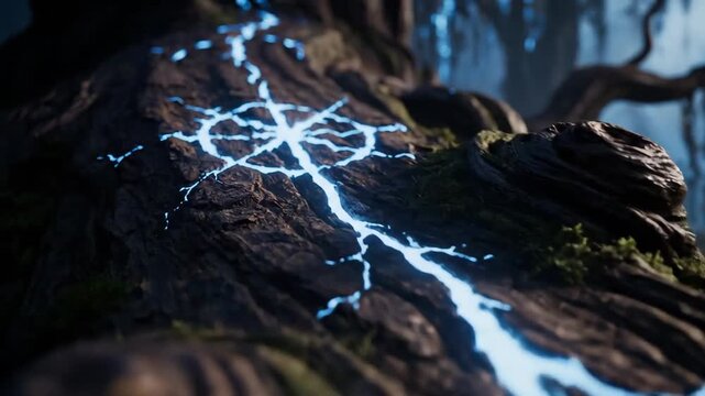 A powerful, luminous blue energy surges through a gnarled ancient tree trunk, highlighting an intricate, glowing arcane symbol in a deep, mystical forest setting