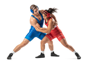 Two young male and female athletes showing a powerful hold in a mixed wrestling match.