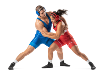Two young male and female athletes showing a powerful hold in a mixed wrestling match.