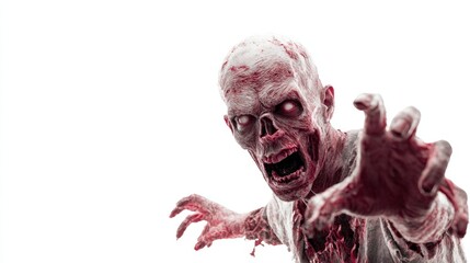 Happy halloween A terrifying zombie with a gaping mouth and outstretched arms emerges against a white background, perfect for horror-themed projects, Halloween promotions, or graphic novels,