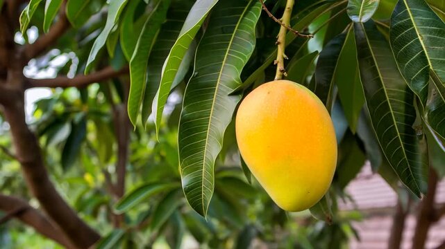 Close-up of a Single Ripe Yellow-Orange Mango Hanging from a Tree Branch in a Tropical Orchard.