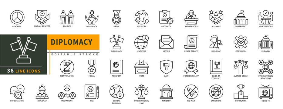 Minimalist Diplomacy line icons set with editable stroke, featuring peaceful, mutual respect, politics, medal, country, pacifism, international law, vote, economy, embassy. thin linear illustration.