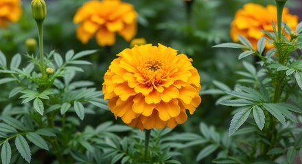 Close-up of a vibrant orange marigold.  Bright, full bloom, surrounded by lush green foliage.  Shallow depth of field