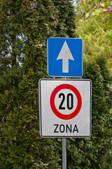 European Straight Ahead Sign with 20 kmh Speed Limit Zone