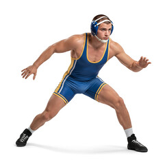 Young male wrestler in a blue uniform and headgear, in a ready stance, isolated background