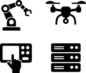 Vector illustration showing a robotic arm drone touchscreen and server stack in black