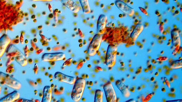 Freshwater microorganism under microscope, pond water sample with protozoa and green algae 