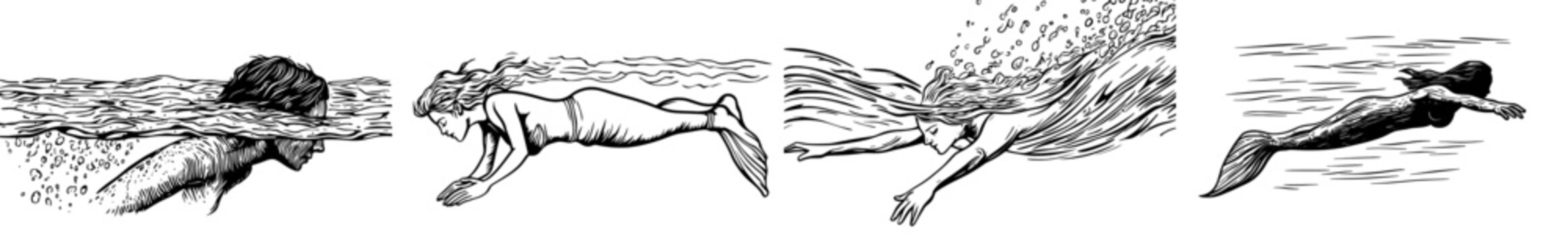 A black and white mermaid silhouette illustration suitable for fantasy and ocean-themed designs