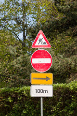 European Road Work Sign with No Entry, Temporary Right Arrow and 100m Distance Plate