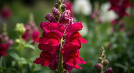Close-up of vibrant red snapdragons, in-focus blossoms against out-of-focus green foliage