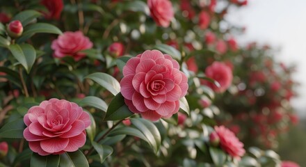 Close-up view of many vibrant pink camellia flowers in bloom, nestled amidst lush green foliage.  Soft, natural light bathes the scene