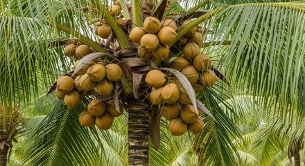 Fototapeta premium Cluster of coconuts on a palm tree. Lush green fronds surround the trunk and fruit