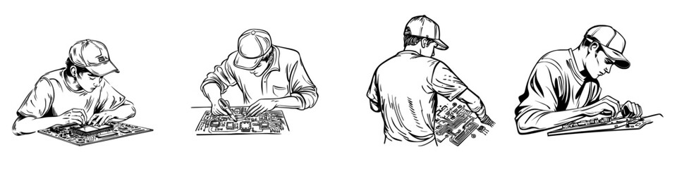 A technician's silhouette is seen while fixing a circuit board, perfect for themes related to technology