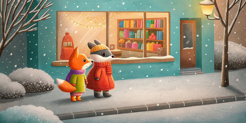 Two animals wearing warm clothes stand on snowy street near shop window glowing with holiday lights in cozy winter lifestyle scene
