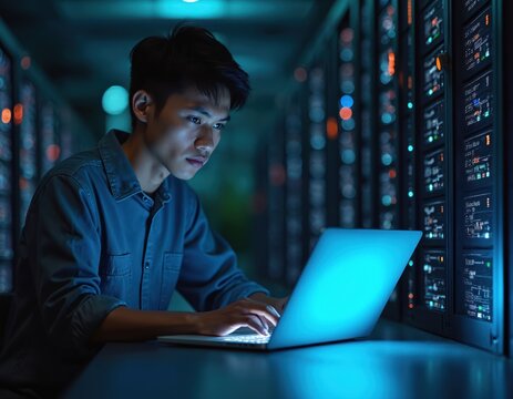 Young Asian man works on laptop in dark server room with glowing screens. He is focused on his task, typing code or managing systems. Scene suggests dedicated IT pro deep in concentration at night.