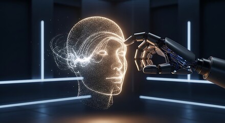 Robotic hand touching a glowing digital human head representing artificial intelligence and technology