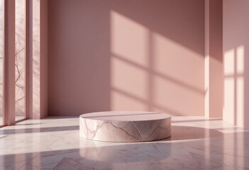 Marble display platform near tall windows. Sunlit pink interior with tree shadows. Minimal product scene with copy space.