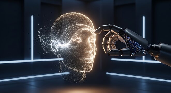 Robotic hand touching a glowing digital human head representing artificial intelligence and technology - Powered by Adobe