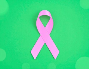 Pink ribbon on green background