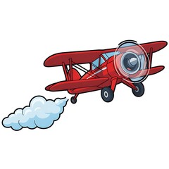 Cartoon Red Biplane Flying with White Cloud of Smoke Isolated