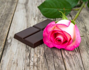 Pink rose and dark chocolate bar on weathered wood