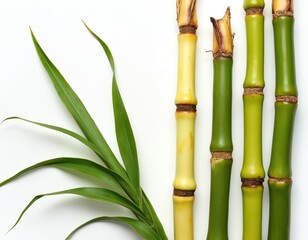 Fototapeta premium Green sugarcane stalks and leaf on white background. Fresh cut sugar cane. Healthy food and drink ingredient. Raw material for juice and sugar production. Isolated tropical plant.