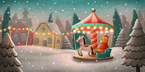 Christmas holiday lifestyle scene with snowy village and carousel featuring horse and bear toy in winter forest
