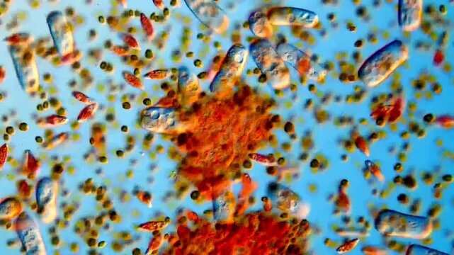 Microorganism under microscopy, pond water sample 200x