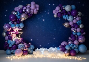 Magical space themed balloon arrangement for kids party decoration backdrop