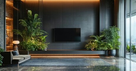 Modern living room interior. Dark tones dominate, plants add life. Minimalist design with sleek furniture, warm lighting. Spacious, elegant.