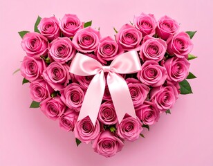Pink roses arranged in a heart shape.  Pretty ribbon