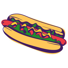 Tasty hot dog illustration in retro style with lettuce, yellow mustard on sausage