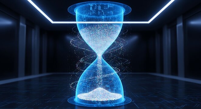 Futuristic hourglass with glowing blue particles flowing through a dark digital corridor