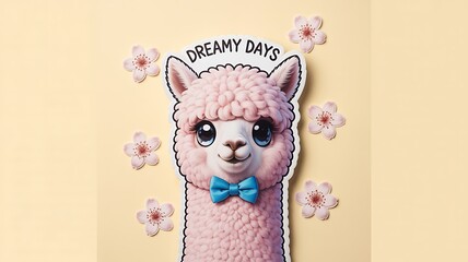 Cute Alpaca with Bowtie and Floral Accents on Cream Background