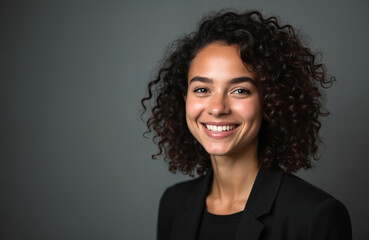 Young happy woman smiles brightly at camera. Wears black business blazer. Professional portrait of diverse female worker in studio on grey background. Pretty girl looks confident, successful,